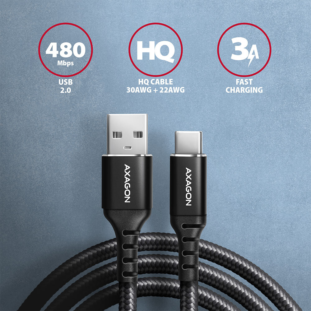 Axagon Data and charging USB 2.0 . 3A. Black braided. - BUCM-AM10AB - foto 3