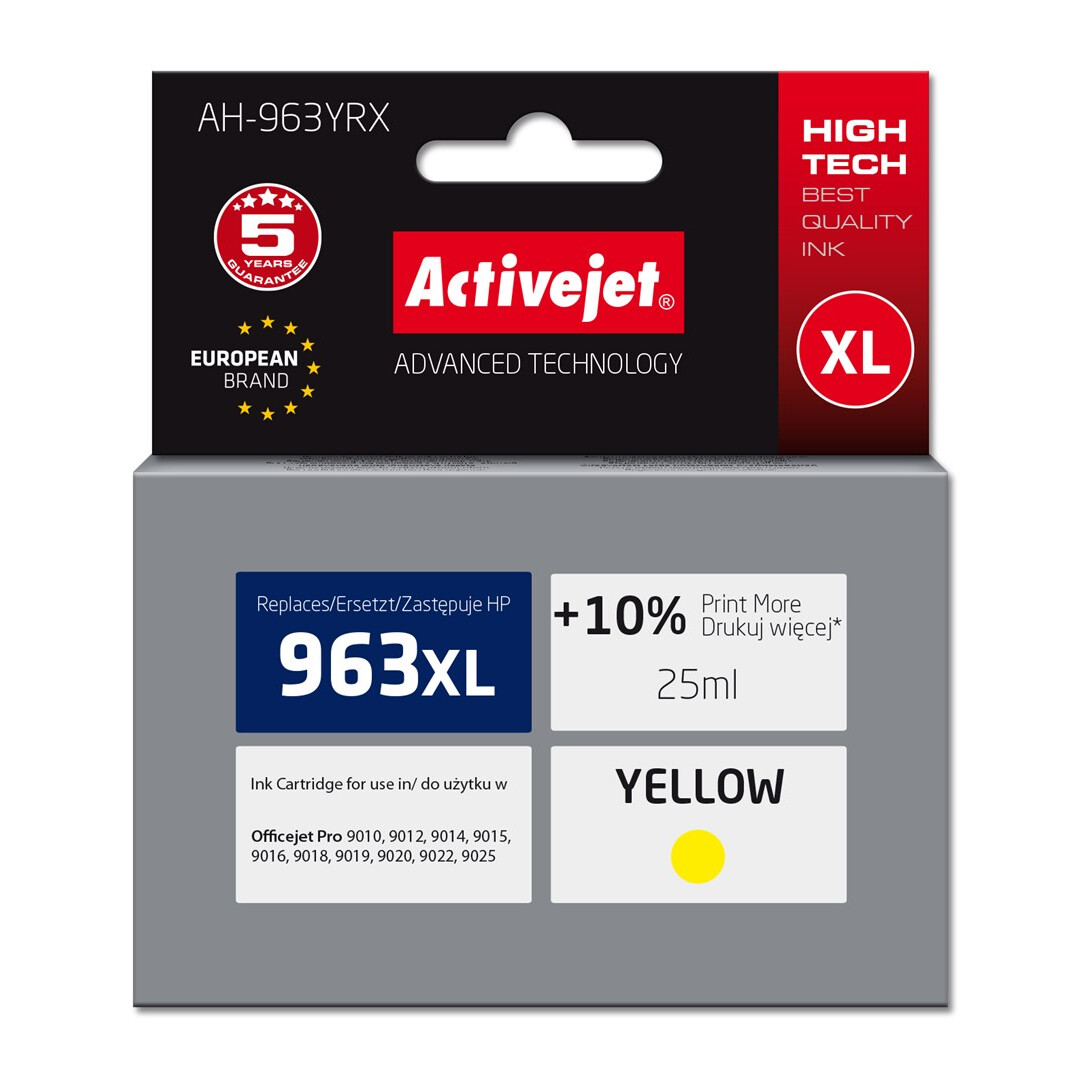 Kārtridžs Activejet AH-963YRX Ink (replacement for HP 963XL 3JA29AE; Premium; 1760 pages; 25 ml, yellow)