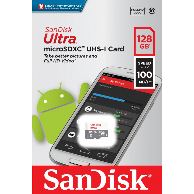 Atmiņas kartes 128Gb MicroSD SanDisk Ultra (SDSQUNR-128G-GN6MN)