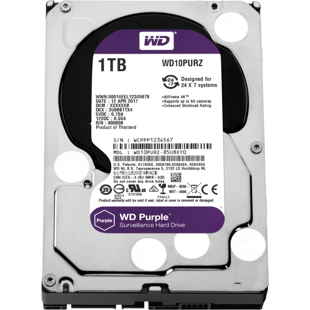 Cietais disks 1Tb SATA-III WD Purple (WD10PURZ)